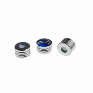 ALWSCI 18mm Silver Color Open Top Metal Cap (8mm hole) with 17.5mm Blue PTFE/White Silicone Septa 1.5mm Thick. 100pcs/pk. C0000208