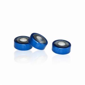 ALWSCI 20mm Open Top Bi-Metallic Crimp Cap (8mm hole) Blue & Silver with 20mm Natural PTFE/White Silicone Septa 3mm Thick. 100pcs/pk. C0000206