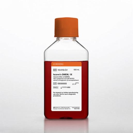 Corning 500 mL Iscoves Modification of DMEM [+] L-glutamine, 25 mM HEPES [-] ss-thioglycerol, ss-mercaptoethanol 10-016-CV