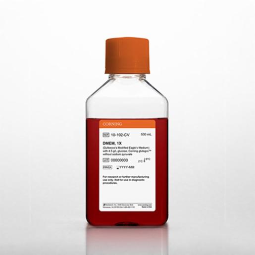 Corning 500 mL DMEM (Dulbeccos Modification of Eagles Medium) [+] Corning glutagro™, 4.5 g/L glucose, phenol red [-] sodium pyruvate 10-102-CV