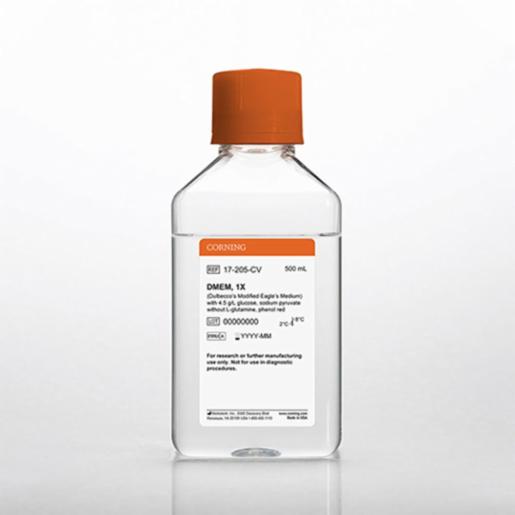 Corning 500 mL DMEM (Dulbeccos Modification of Eagles Medium) [+] 4.5 g/L glucose, sodium pyruvate [-] L-glutamine, phenol red 17-205-CV